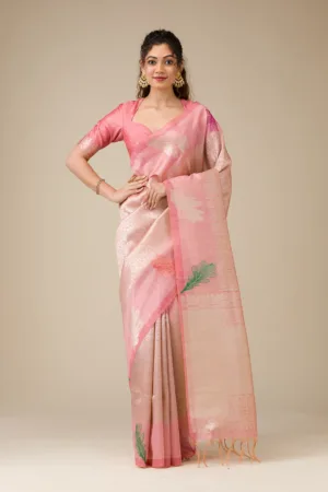 Pink Silver Zariwork Art Silk Saree