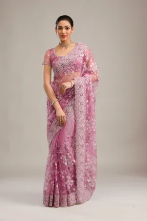 Pink Zariwork Net Saree