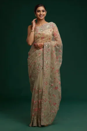 Pista Green Threadwork Net Designer Saree
