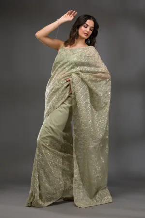 Pista Green Gotapatti Organza Saree