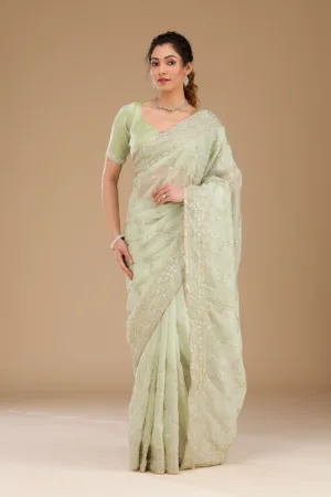 Pista Green Gotapatti Tissue Saree