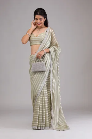Pista Green Stonework Semi Crepe Saree