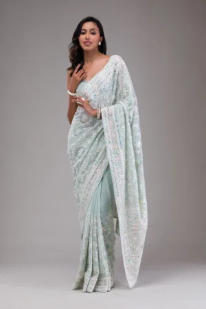 Sky Blue Threadwork Georgette Saree