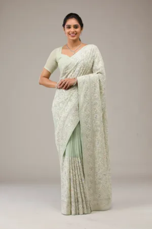 Pista Green Threadwork Georgette Saree