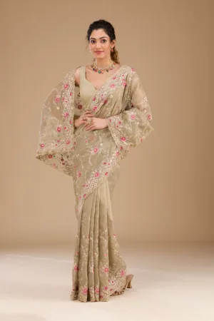 Pista Green Threadwork Tissue Saree