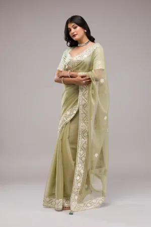 Pista Green Zariwork Semi Crepe Saree