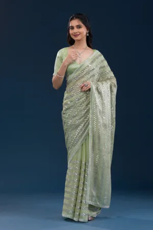 Pista Green Zariwork Semi Crepe Saree