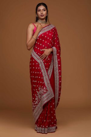 Rani Pink Zari Work Raw Silk Saree