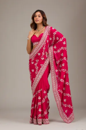 Rani Pink Threadwork Satin Saree