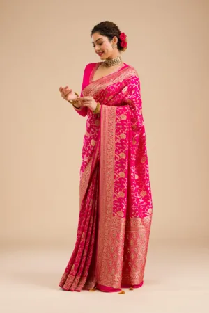 Rani Pink Zariwork Banarasi Silk Saree