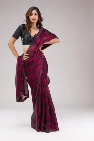 Red Printed Organza Saree