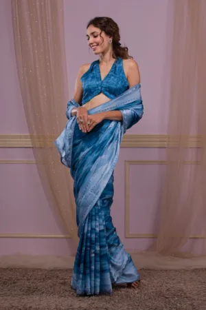 Royal Blue Printed Semi Crepe Designer Saree