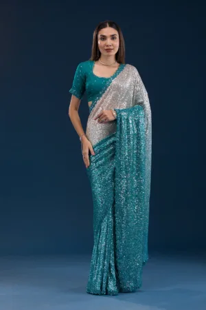 Sea Green Sequins Georgette Saree
