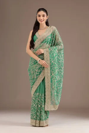 Sea Green Sequins Tissue Saree