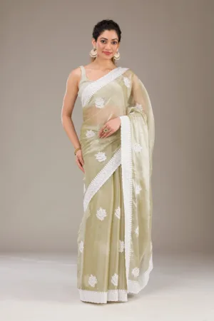 Sea Green Threadwork Organza Saree