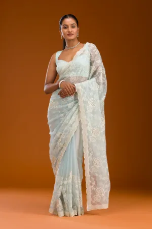 Sky Blue Threadwork Chiffon Saree