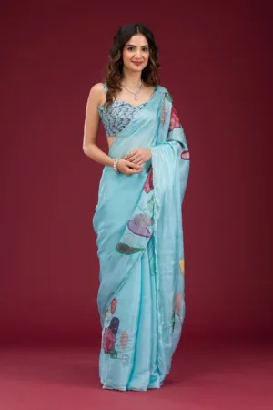 Sky Blue Printed Tissue Saree