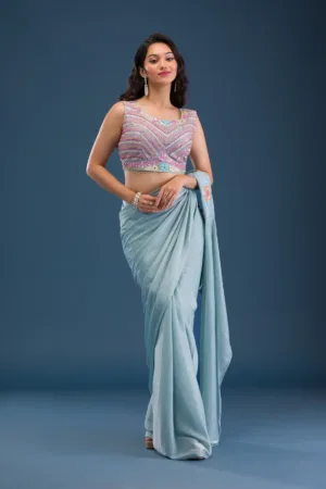 Sky Blue Threadwork Lycra Readymade Saree