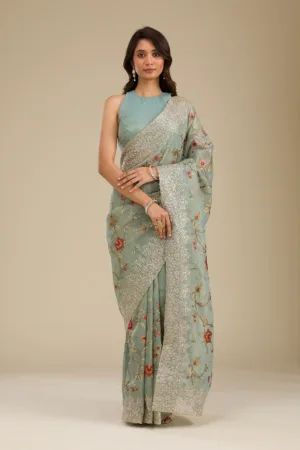 Sky Blue Zariwork Tissue Saree
