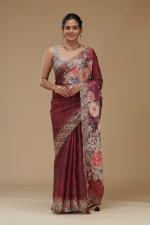 Wine Printed Tissue Saree