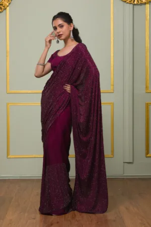 Wine Swarovski Semi Crepe Designer Saree