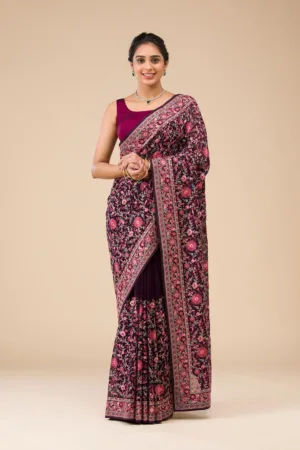 Wine Threadwork Georgette Saree