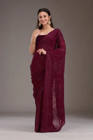 Wine Threadwork Georgette Saree
