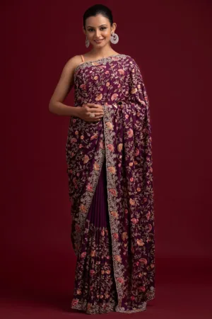 Wine Threadwork Semi Crepe Designer Saree