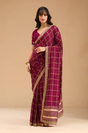 Wine Gold Zariwork Soft Raw Silk Saree