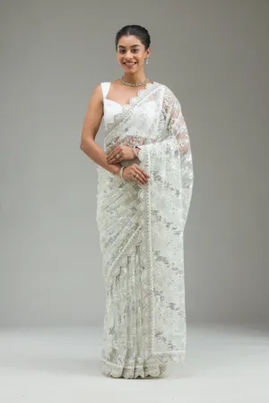 Off White Threadwork Net Saree