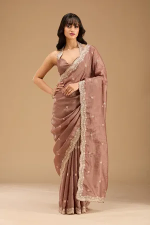Brown Gold Zariwork Tissue Saree