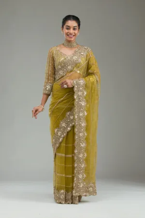 Mehendi Zariwork Tissue Saree
