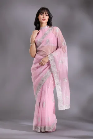 Baby Pink Cutwork Organza Saree