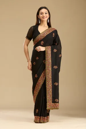 Black Kashmiri Soft Raw Silk Saree