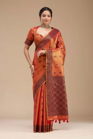 Rust Printed Art Silk Saree