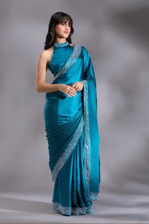 Peacock Blue Silver Stonework Satin Saree