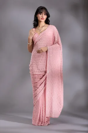 Peach Pearlwork Chiffon Saree