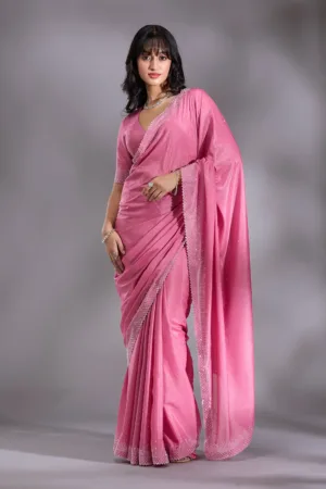 Pink Silver Stonework Satin Saree