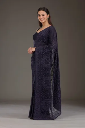 Navy Blue Threadwork Georgette Saree