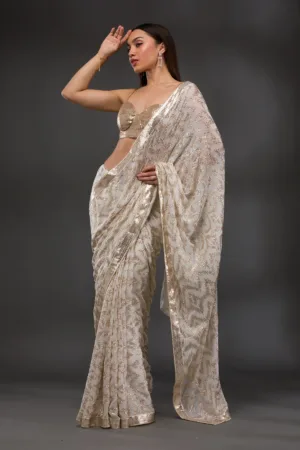 Off White Sequins Georgette Saree