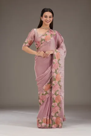 Onion Pink Threadwork Tissue Saree