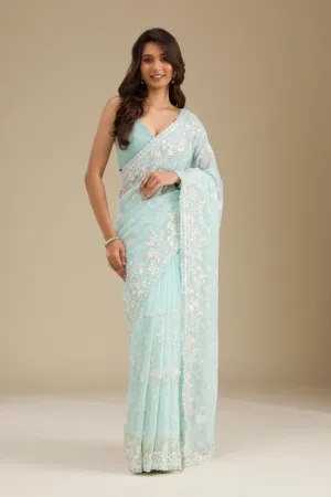 Sky Blue Threadwork Georgette Saree