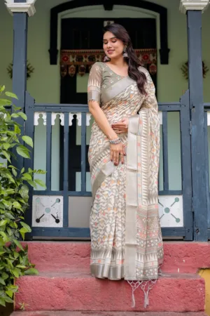 Beige Pure Cotton Linen Saree