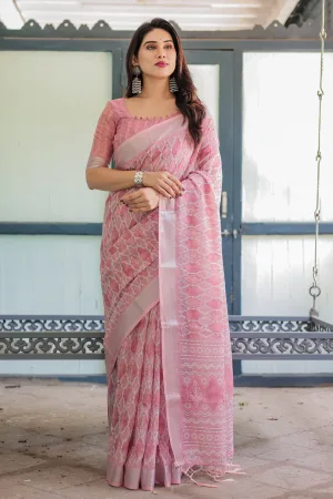 Elegant Rose Pink Pure Cotton Linen Saree