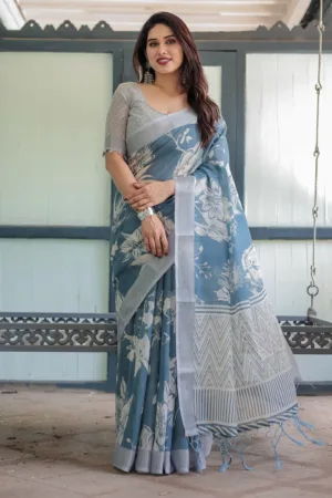 Pastel Blue Floral and Geometric Printed Cotton Linen