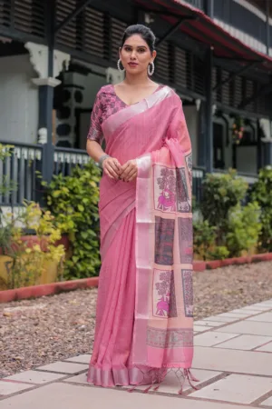 Pink Pure Cotton Linen Saree