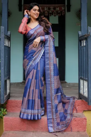 Navy Blue & Red Pure Cotton Linen Saree