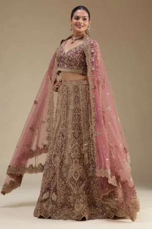 Onion Pink Zariwork Tissue Semi Stitched Lehenga