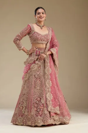 Pink Zariwork Tissue Semi Stitched Lehenga