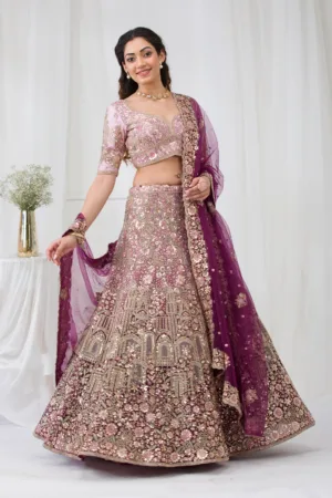 Purple Zariwork Net Semi Stitched Lehenga